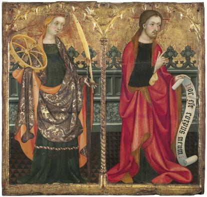 'Santa Catalina de Alexandría y Jesucristo' de la predela, quizá, del retablo mayor del a iglesia de Sant Pere de Terrassa. La obra, pintada por Lluís Borrassà alrededor de 1411-1413, cubre un vacío en el MNAC.