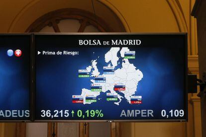 Panel informativo que muestra los valores de la prima de riesgo en la Bolsa de Madrid.