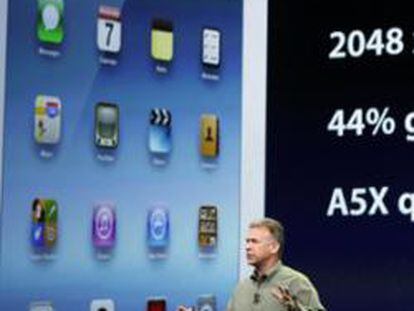 Phil Schiller, presidente de Apple, vicepresidente senior de marketing mundial habla sobre el nuevo iPad durante un evento de Apple en San Francisco, California, 07 de marzo 2012