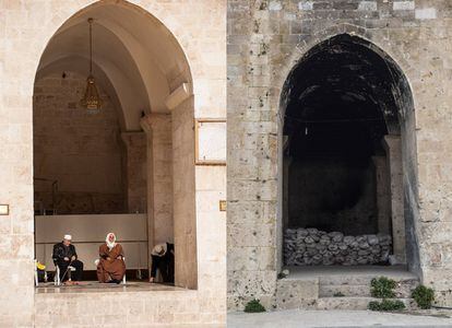 Entre los arcos de la Gran Mezquita de Alepo grupos de ancianos invidentes se arremolinaban los viernes a la hora de la plegaria para recitar versos del Corán a cambio de unas monedas. Hoy en la misma zona solo hay unos sacos de arena. En la parte izquierda, foto tomada en 2010; a la derecha foto tomada en 2017.