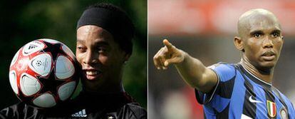 Ronaldinho, en un entrenamiento del Milan; Eto'o, en un partido del Inter.