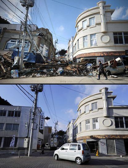 Aspecto de la localidad de Kesennuma, Miyagi, el 18 de marzo de 2011, con un edificio destruido tras el terremoto; un año después, ha sido demolido tras las labores de reconstrucción en la zona.