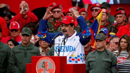 El presidente de Venezuela, Nicolás Maduro, durante un mitin que conmemora el aniversario del intento de golpe de Estado en 1992, el 4 de febrero de 2023 en Caracas.
