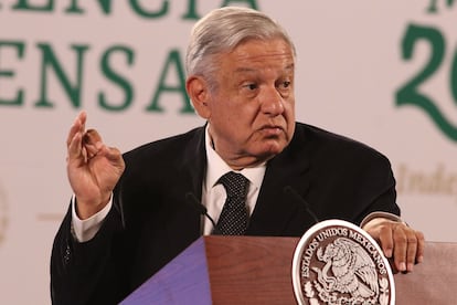 The president of Mexico, Andrés Manuel López Obrador, at a morning press conference at the National Palace in Mexico City.