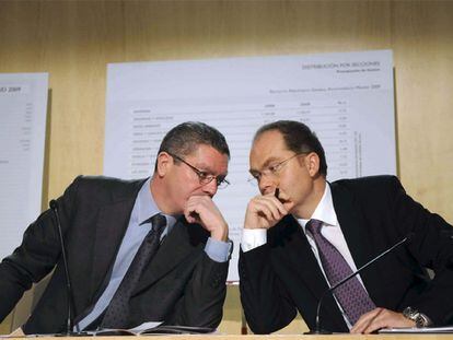 Ruiz-Gallardon y Juan Bravo, durante la presentación de los presupuestos del Ayuntamiento para 2009.