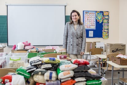 Kristina Bessolova (37 years old), director of a school in Vyshgoro (outskirts of kyiv), in a classroom that now serves as a warehouse.