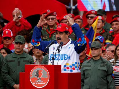 El presidente de Venezuela, Nicolás Maduro, durante un mitin que conmemora el aniversario del intento de golpe de Estado en 1992, el 4 de febrero de 2023 en Caracas.