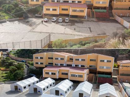 Montaje del campamento en el colegio León, en la barriada de El Lasso, en Las Palmas de Gran Canaria.