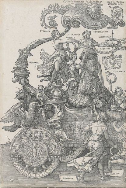 'Detalle de Gran carro triunfal de Maximiliano' (1515-1522), xilografía a fibra. La obra fue encargada a Durero para reflejar sobre madera las hazañas del emperador y su corte.
