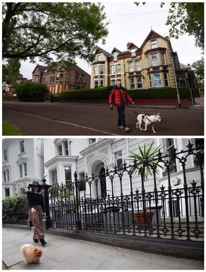 Un hombre pasea a su perro en Kensington, Liverpool (arriba) el 20 de mayo de 2017 y una mujer pasea a su perro en Kensington, Londres, el 29 de mayo de 2017.