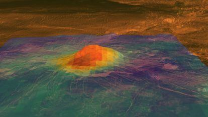 Una de las zonas de potencial vulcanismo activo en Venus en la que los registros de la sonda 'Venus Express' permite identificar los puntos de mayor temperatura superficial (en rojo y amarillo).