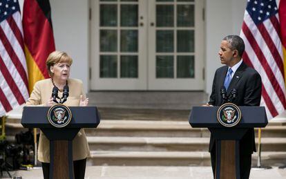 Angela Merkel interviene ante los medios durante su visita a la Casa Blanca, en mayo.