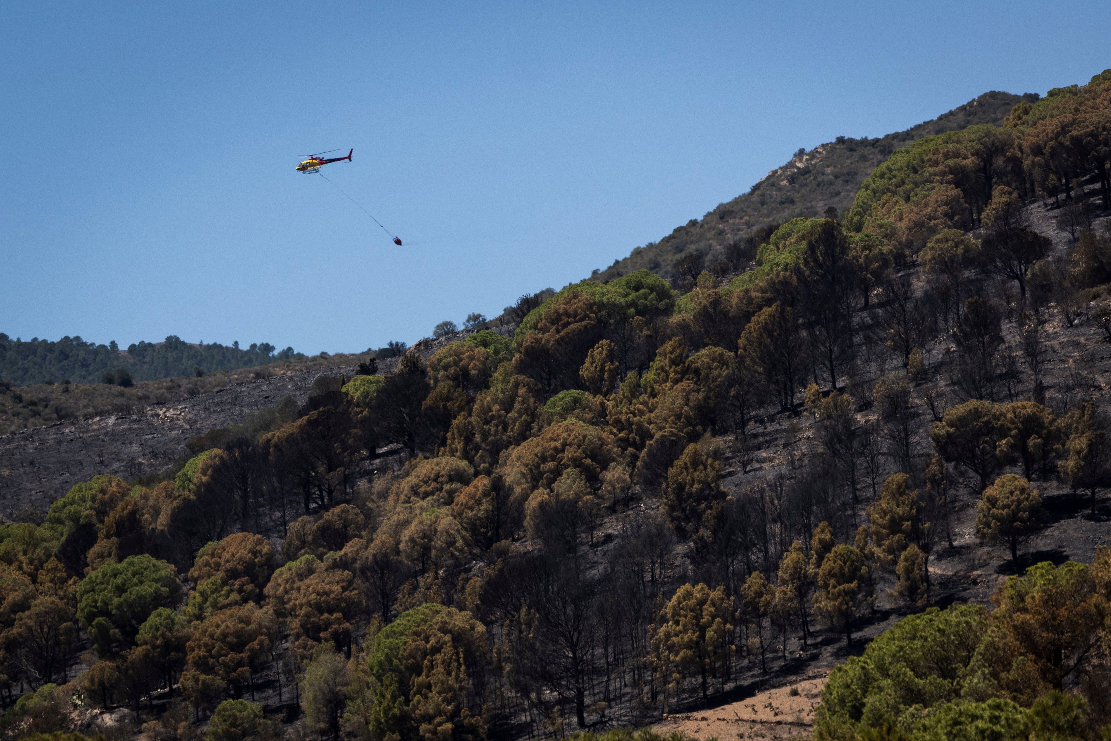 Un helicóptero participa en las labores de extinción en Colera, este sábado.