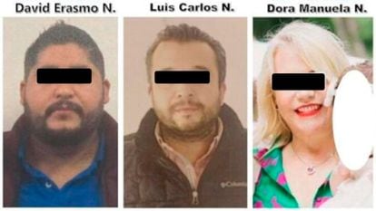 David Erasmo "N", Luis Carlos "N" y Dora Manuela "N" en las fotografías que publicó la fiscalía.