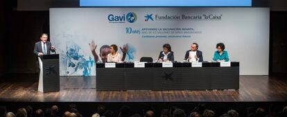 Jaume Giró, director general de la Fundación Bancaria La Caixa, interviene en la reunión conmemorativa de los 10 años de la Alianza para la Vacunación Infantil.