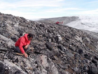 Allen Nutman analizando la formación geológica de hace 3.700 millones de años en Groenlandia.