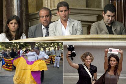 Arriba, el torero catalán Serafín Marín (con camisa blanca y sin corbata), ayer siguiendo el pleno del Parlamento de Cataluña. Abajo, mientras los diputados catalanes votaban, la gente se manifestaba en la calle a favor de las corridas (a la izquierda) y en contra (a la derecha).