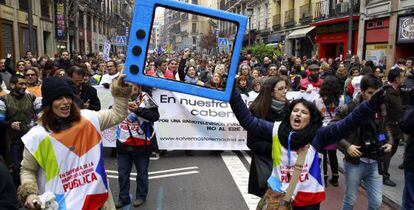 Protesta en Madrid el pasado enero, un a&ntilde;o despu&eacute;s del despido de 829 empleados de Telemadrid.