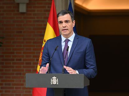El presidente del Gobierno, Pedro Sánchez, durante el anuncio de convocatoria de elecciones para el 23 de julio de 2023.