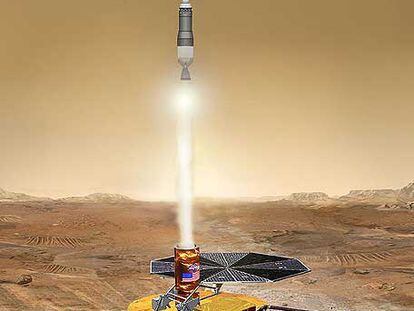 Ilustración del despegue, en Marte, de una cápsula con destino a la Tierra.