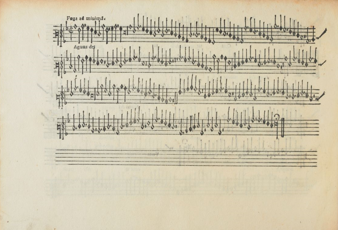Parte de Altus del tercer 'Agnus Dei' de la 'Missa l'homme armé Sexti toni', con la indicación 'Fuga ad minimam' en la pionera edición de las 'Misse Josquin' de Ottaviano Petrucci (Venecia, 1502).