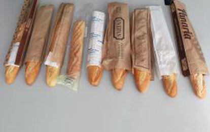 Barras de pan compradas ayer en distintos establecimientos en Madrid, con precios entre los 25 c&eacute;ntimos (Carrefour) y los 85 c&eacute;ntimos (Panaria).