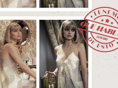 Michelle Pfeiffer y su muchas veces homenajeado vestido lencero en dos escenas de 'El precio del poder'.