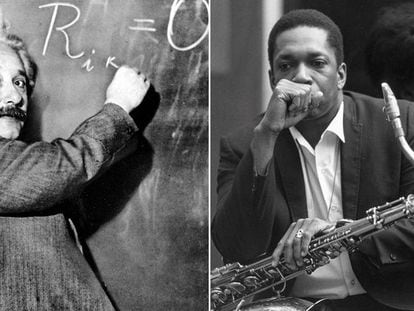 El científico Albert Einstein, en 1931 (izquierda) y el músico de jazz John Coltrane, en 1966.
