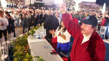 Daniel Ortega durante la celebración del 44° aniversario de la revolución sandinista, en Managua.
