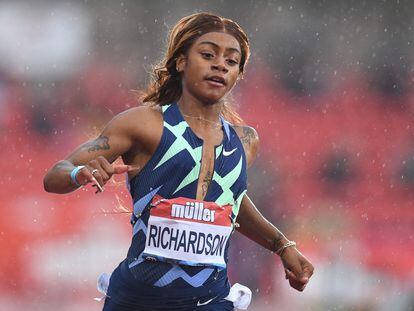La corredora Sha'Carri Richardson en una carrera de la Liga diamante en Inglaterra, en mayo pasado.