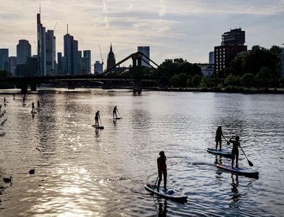 Varias personas practican pádel surf en ell río Main en Frankfurt, Alemania, la tarde de lunes 24 de junio de 2019.