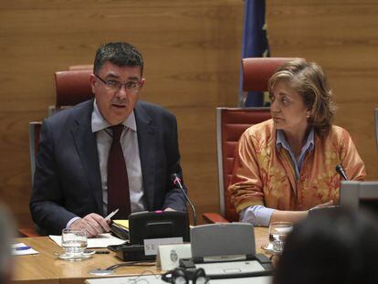 El presidente de las Cortess Valencianas, Enric Morera, durante su comparecencia en el Senado.