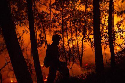 Miembro de la Unidad Militar de Emergencias trabaja para extinguir un incendio forestal en Entrimo, Galicia. 