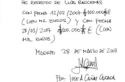 El recibí de Bárcenas firmado por Cañas.