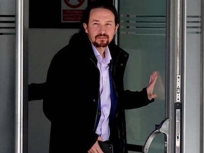 Pablo Iglesias, a su salida de la Audiencia Nacional, tras declarar como víctima en 2019.