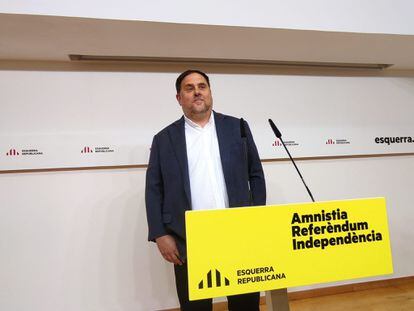 El líder de ERC, Oriol Junqueras, en una rueda de prensa en Barcelona el pasado 2 de mayo