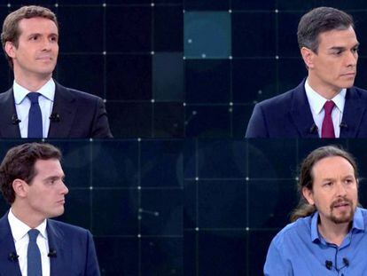 De izquierda a derecha empezando por arriba, Pablo Casado (PP), Pedro Sánchez (PSOE), Albert Rivera (Ciudadanos) y Pablo Iglesias (Podemos).