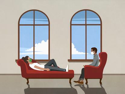 Una ilustración de un terapeuta y su paciente teniendo una sesión durante la pandemia.