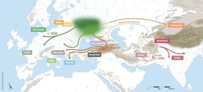 This map shows how and when the Indo-European languages ​​spread and diversified.  There is no consensus among the study authors as to which route was followed by speakers of the ancestral languages ​​of Persian or Sanskrit.
