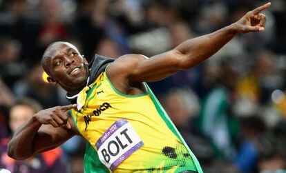 Usain Bolt celebra su victoria en Londres.