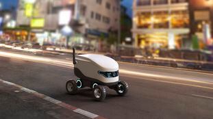 Self-driving delivery robot concept. 3D illustration