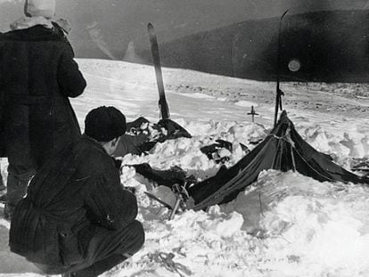 El campamento de los excursionistas fallecidos en los Urales, en una fotografía tomada por las autoridades de la URSS el 26 de febrero de 1959.
