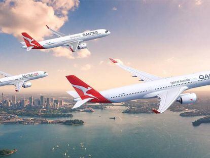 Recreación de los nuevos modelos de Airbus pedidos por Qantas, el A220, A321XLR y A350-1000.