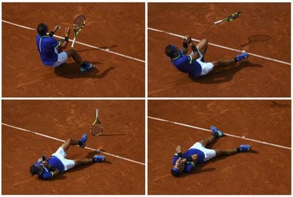 Combinación de cuatro imágenes de la celebración de Nadal tras conquistar el Roland Garros 2017.