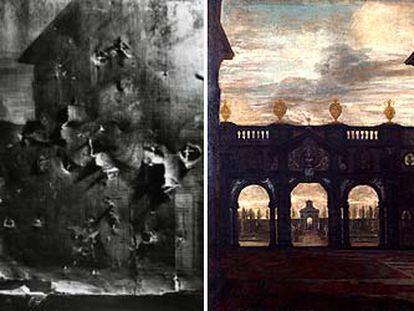 A la izquierda, foto del cuadro tomada con rayos X en la que se ven los agujeros que los dardos de los chicos del reformatorio hicieron en el bastidor. A la derecha, el cuadro restaurado.