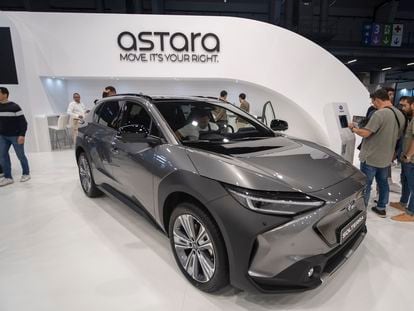 BARCELONA, SPAIN - 2023/05/14: The logo of the Astara group is seen at the Automobile Barcelona show. The Automobile Barcelona 2023 show opens its doors from May 13 to 21 at the Montjüic fairgrounds. 23 car brands will present their novelties highlighting the electric car as the protagonist. (Photo by Paco Freire/SOPA Images/LightRocket via Getty Images)