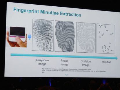 La extracción del patrón de huella digital en una diapositiva de la presentación en el congreso de Las Vegas.