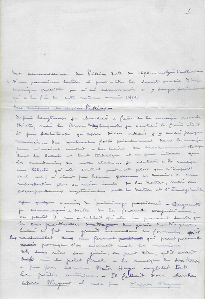 Comienzo del texto manuscrito de Claude Debussy publicado tras su muerte con el título 'Por qué he escrito "Pelléas"'.