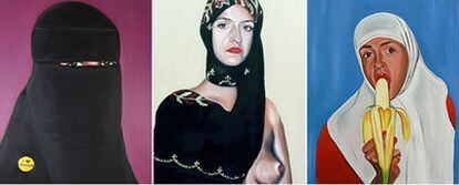 De izquierda a derecha las obras de Sarah Maple tituladas <i>Orgasmo, Autorretrato con pecho de Kate Moss </i><b>y</b> Bananarama.