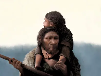 Representación del padre e hija neandertales hallados en la cueva de Chagyrskaya, en Rusia.